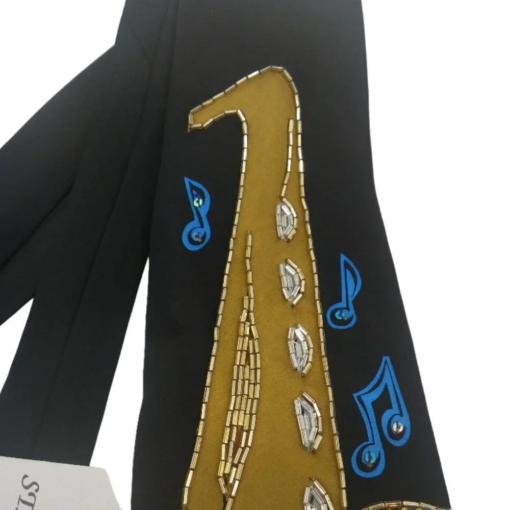 Black Silk Necktie with Gold Beaded Jazz Saxophone, Fun Music Tie, Orchestra NWT